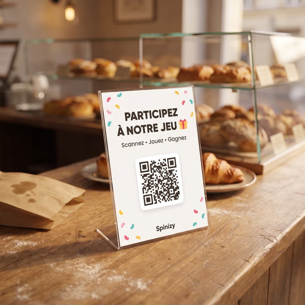 Présentoir Spinizy en boulangerie — Scannez, jouez, gagnez